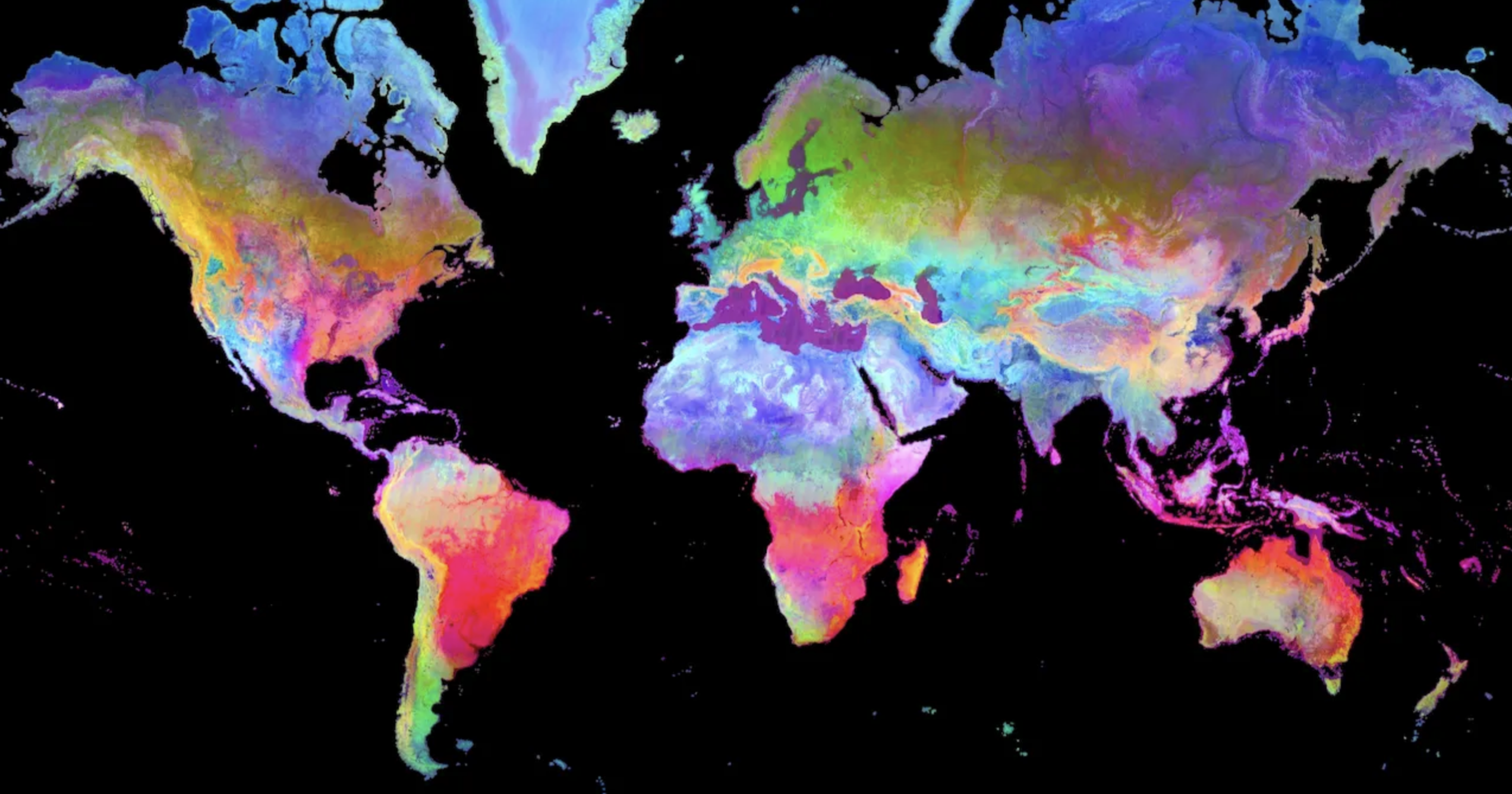 Three dimensions of Google's Satellite Embedding dataset (produced by AlphaEarth Foundations) for 2024 visualized as an RGB image. Image Source: [Medium Post by Google Earth](https://medium.com/google-earth/ai-powered-pixels-introducing-googles-satellite-embedding-dataset-31744c1f4650)